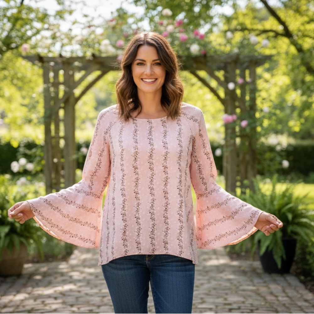 Modest  Floral Pink Bell Sleeve Cottagecore Top Traditional and Conservative Top